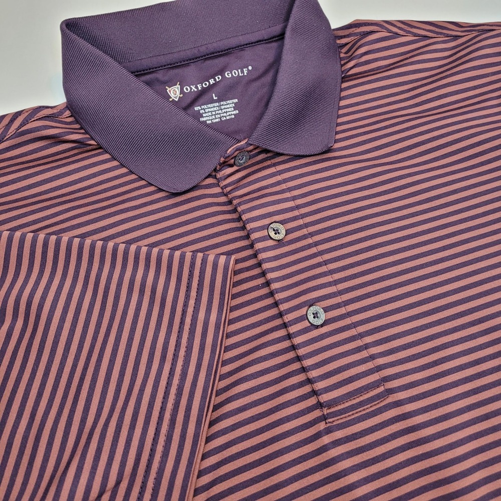 Oxford Golf Mens Large Purple Brown Striped Performance‎ Polo Shirt 14/00128